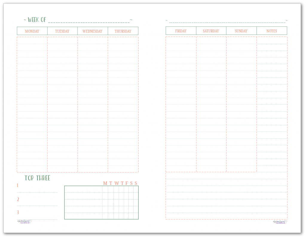 This half-size two page per week printable features a Monday start and offers room to plan your whole week and includes a habit tracker and notes section.