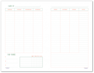 This half-size two page per week printable features a Monday start and offers room to plan your whole week and includes a habit tracker and notes section.