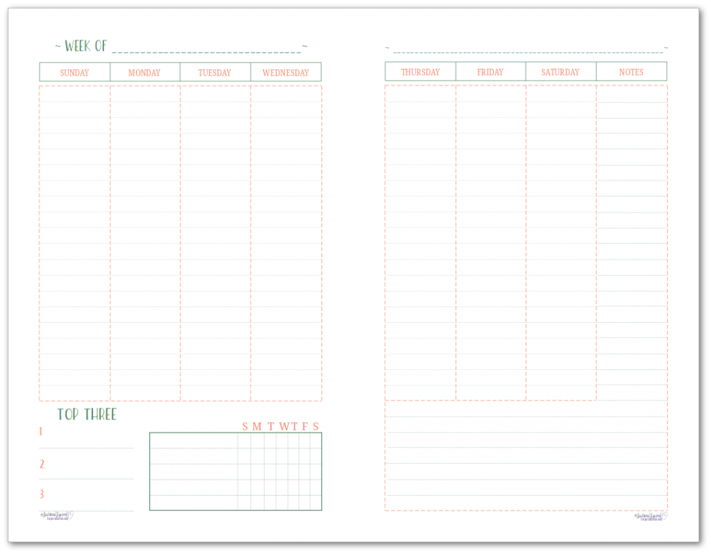 This half-size two page per week printable features a Sunday start and offers room to plan your whole week and includes a habit tracker and notes section.