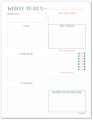 Use the weekly to-do planning page to organize your to-do list each week. Keep track of errands, appointments and the important tasks you want to get done each week.