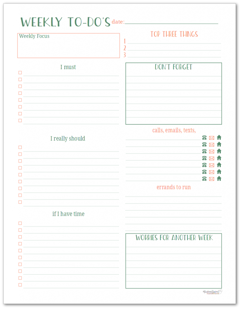 Use the weekly to-do planning page to organize your to-do list each week. Keep track of errands, appointments and the important tasks you want to get done each week.