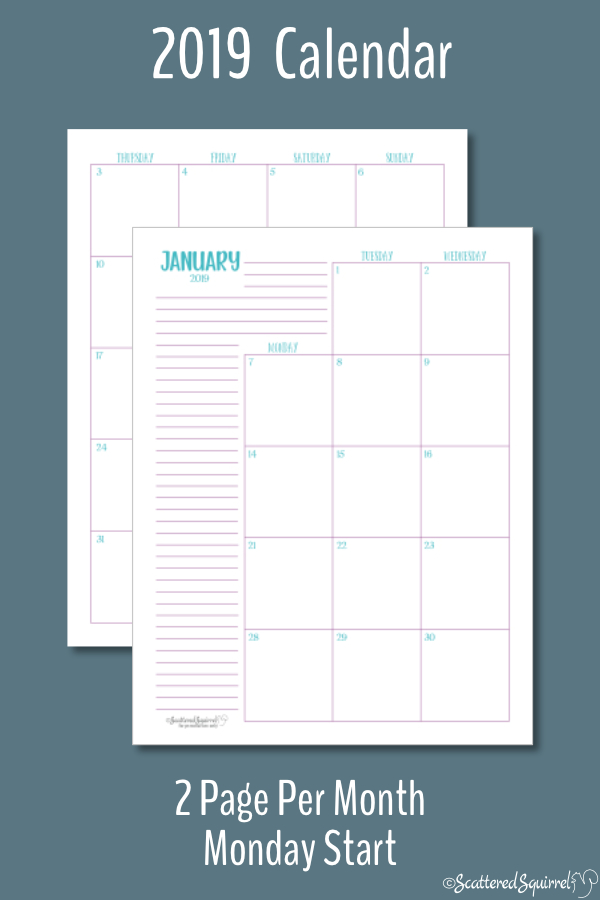 Dated 2019 calendar featuring two pages per month with a Monday start day.