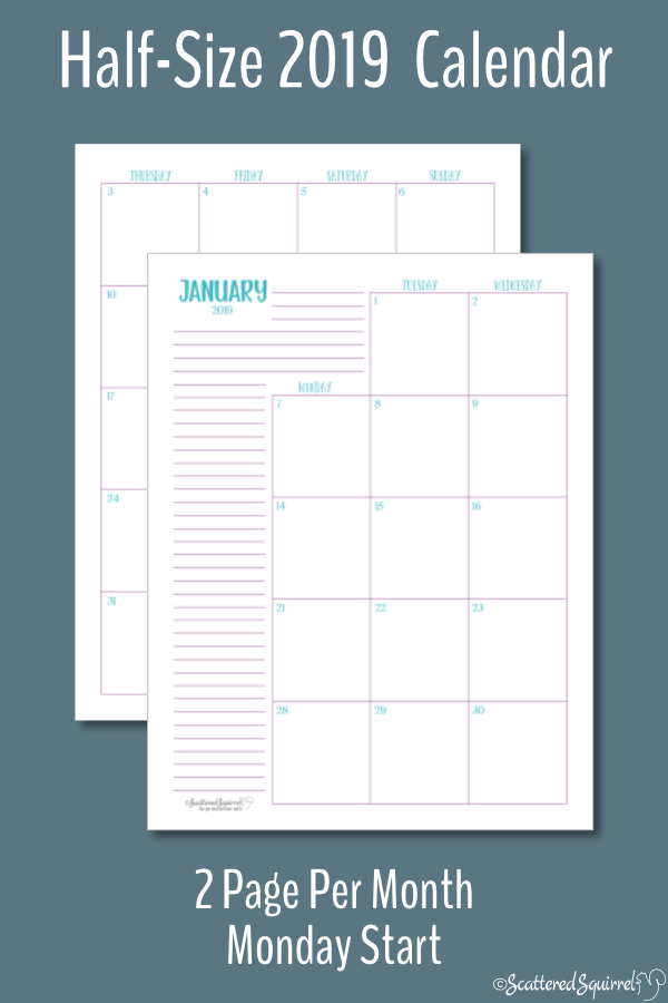 This printable, dated calendar for 2019 is half-size and features a Monday start day. Half-size printables fit most A5 planners.