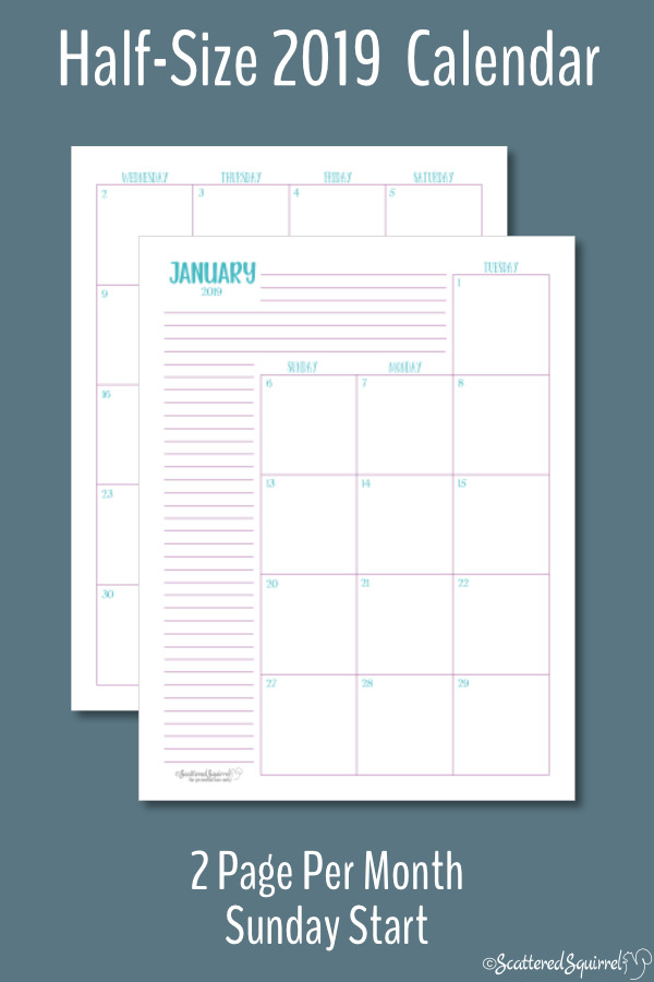 This printable, dated calendar for 2019 is half-size and features a Sunday start day. Half-size printables fit most A5 planners.
