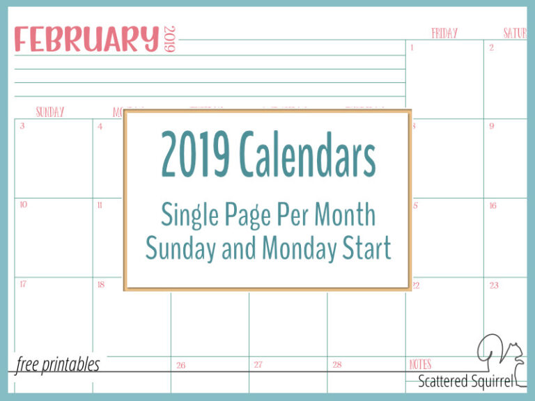 Single page per month, dated 2019 calendars in both full and half-size and your choice of Sunday or Monday start.