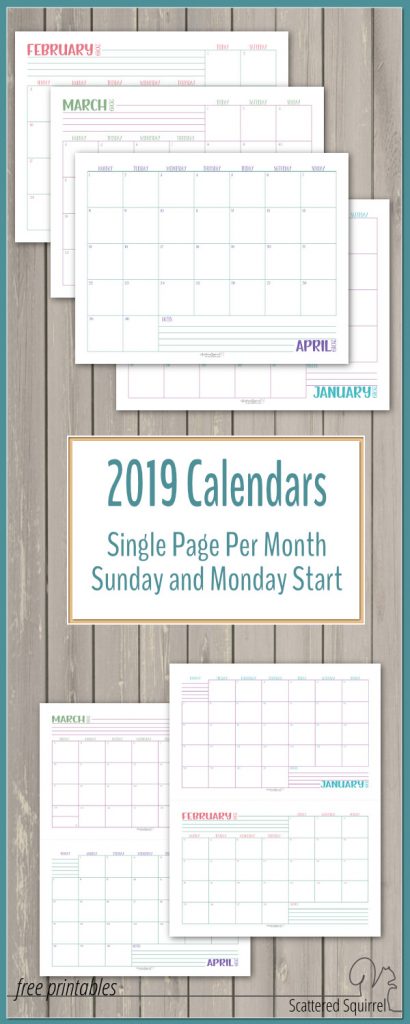 Single Page, Dated 2019 Calendars with Sunday and Monday Starts!