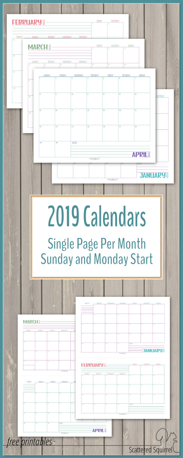 Free printable dated monthly calendars for 2019! These set feature one month per page and your choice of a Sunday or Monday start in full letter size or half letter size.