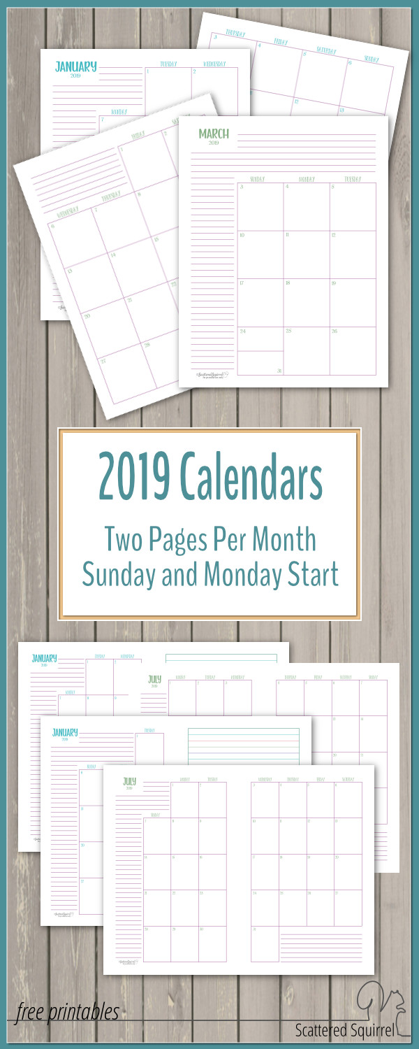 Get a jump start on 2019 with these dated monthly calendars. Two pages for each month gives plenty of room for planning. They come in full or half-size with your choice of a Sunday or Monday start day.