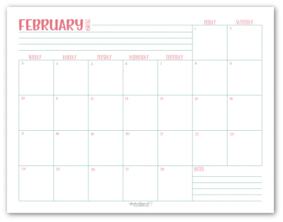 February 2019 monthly calendar in pink with green accents