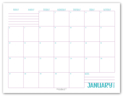 January 2019 monthly calendar in blue with purple accents