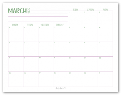 March 2019 monthly calendar in green with purple accents