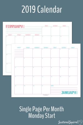 Printable Dated 2019 Monthly Calendars that are one month per page. This set is letter size and start on Monday.