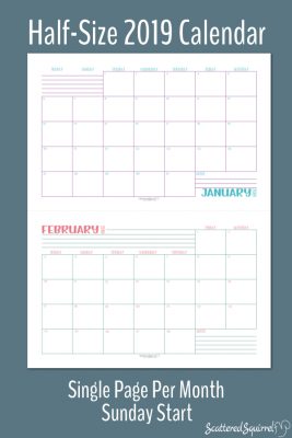 Printable Dated 2019 Monthly Calendars that are one month per page. This set is half-size and start on Sunday.