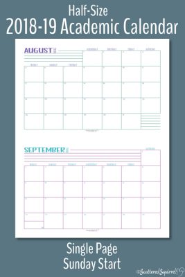 These half-size single page per month, Academic calendars are dated from August 2018 through July 2019 and feature a Sunday start day.