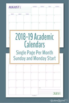 These handy, single page per month, dated calendars run from August 2018 through July 2019. Great for homeschoolers, teachers, students, and anyone else who prefers an academic calendar.