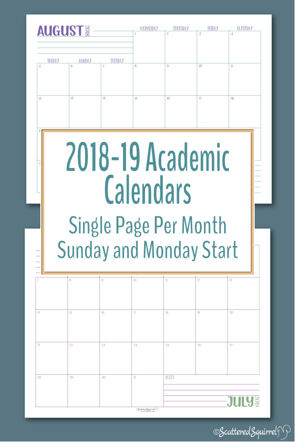 These handy, single page per month, dated calendars run from August 2018 through July 2019. Great for homeschoolers, teachers, students, and anyone else who prefers an academic calendar.