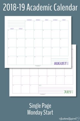 These single page per month, Academic calendars are dated from August 2018 through July 2019 and feature a Monday start day.