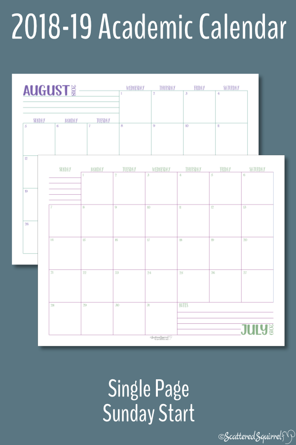 These single page per month, Academic calendars are dated from August 2018 through July 2019 and feature a Sunday start day.