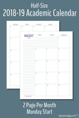 Half-Size Dated Academic Calendars with a Monday Start