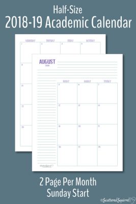 Half-Size Dated Academic Calendars with a Sunday Start