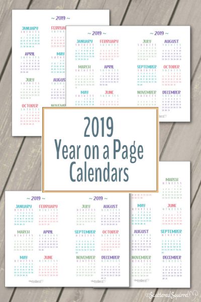 Academic and 2019 Year on a Page Calendar Printables - Scattered Squirrel
