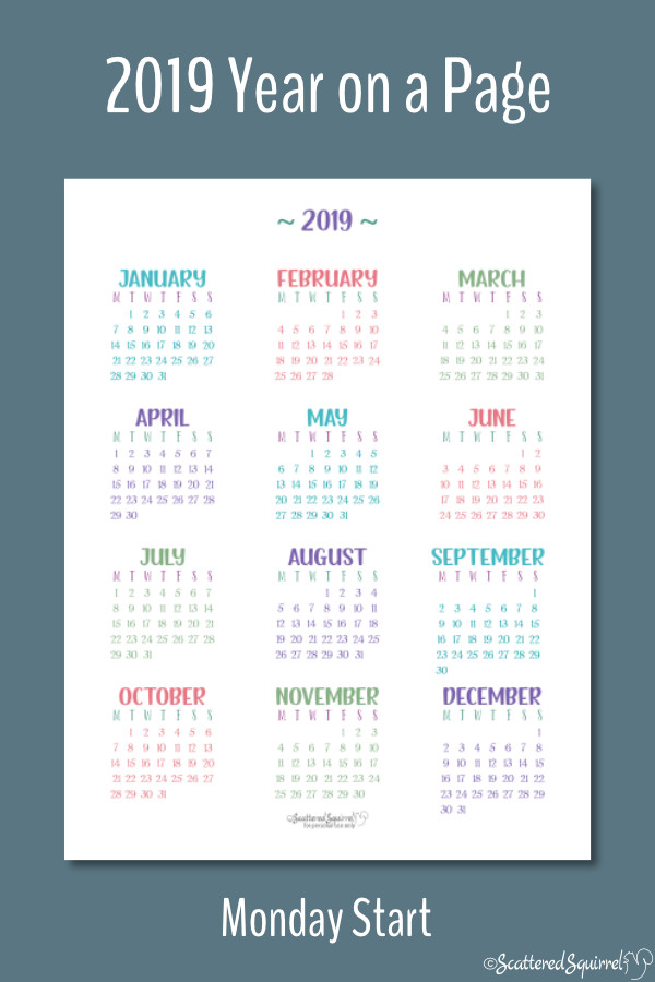 Full Size 2019 Year on a Page Calendar printable with a Monday start day.