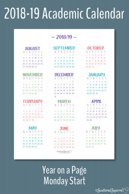 Full Size 2018 - 2019 Academic Year on a Page Calendar printable with a Monday start day.