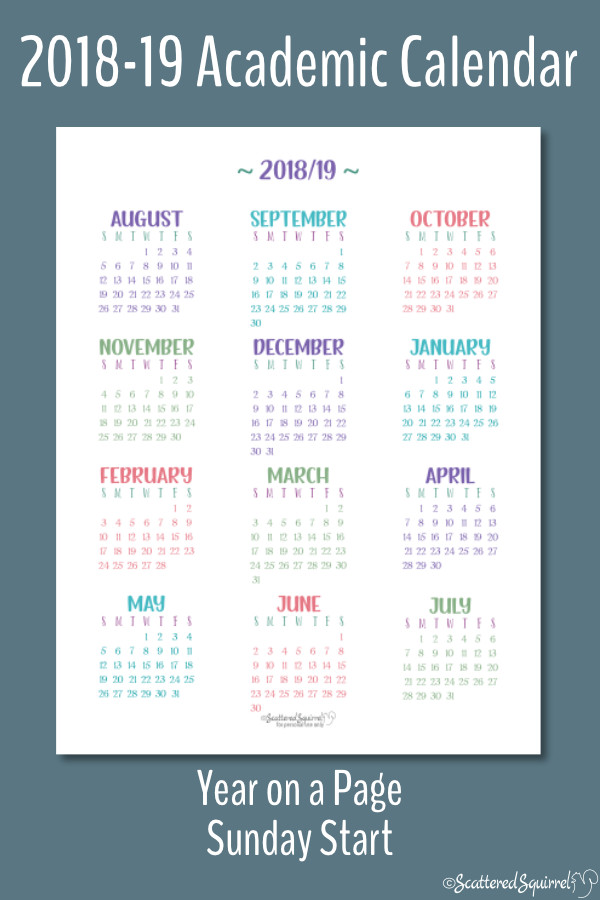 Full Size 2018 - 2019 Academic Year on a Page Calendar printable with a Sunday start day.