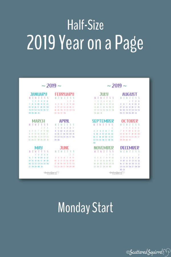 Half-Size 2019 Year on a Page Calendar printable with a Monday start day.