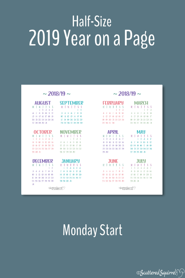 Half-Size 2018 - 2019 Academic Year on a Page Calendar printable with a Monday start day.