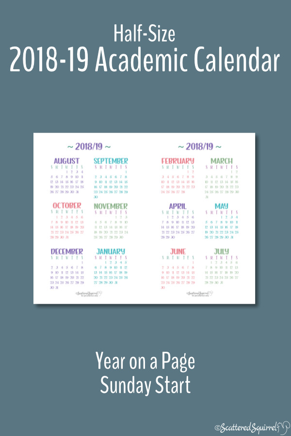 Half-Size 2018 - 2019 Academic Year on a Page Calendar printable with a Sunday start day.