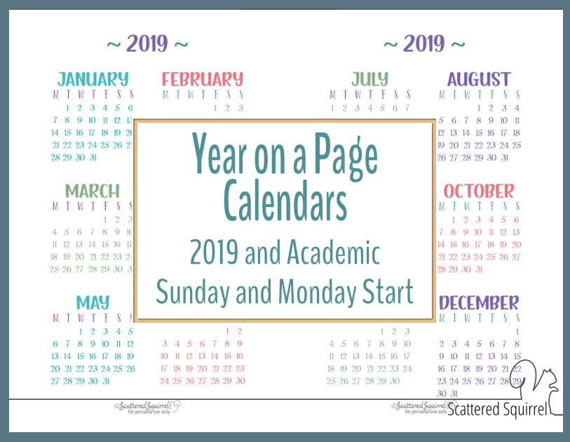 Academic And 2019 Year On A Page Calendar Printables