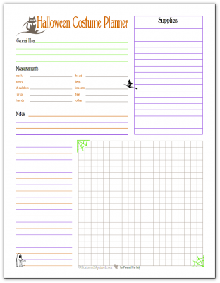 Plan your Halloween Costume with this handy free printable. Keep track of measurements, ideas, and supplies. There's even room for costume making notes and a place to sketch out your costume ideas.