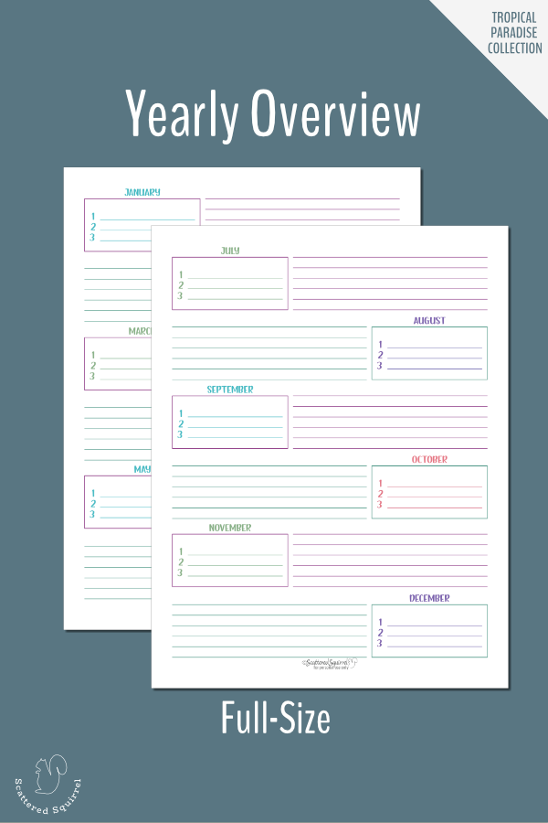 A yearly overview is a great way to plan your year month by month. Set your top priorities and use the notes section for anything you want.