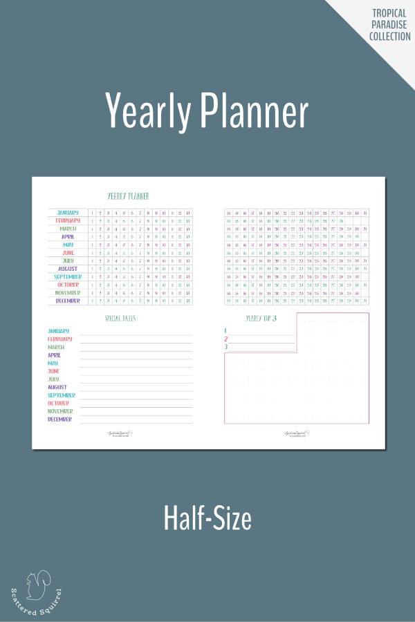 Plan your year with this half-size yearly planner printable. Highlight holidays, special events, or important dates, set your top three priorities for the year, and just generally get an overall picture of what your year will be like.