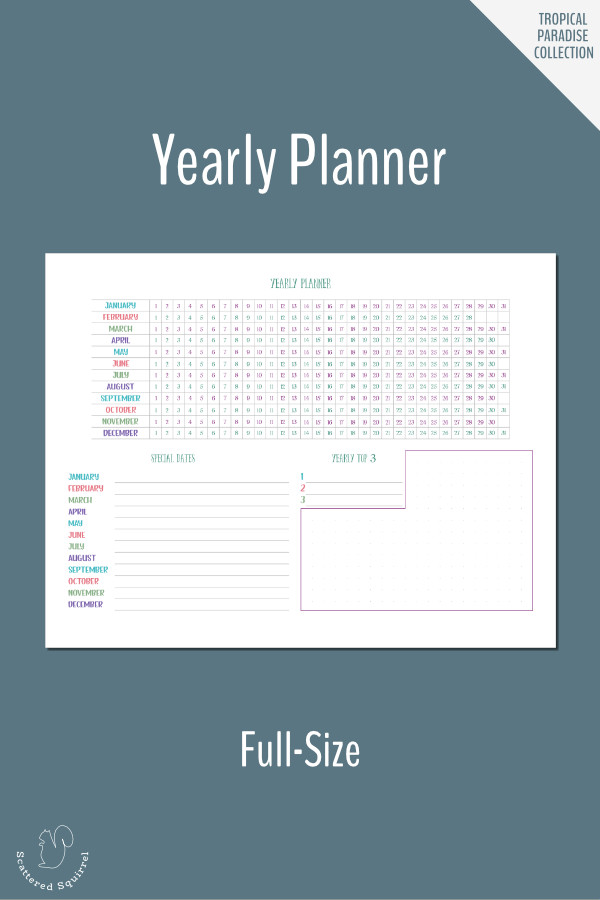 Plan your year with this yearly planner printable. Highlight holidays, special events, or important dates, set your top three priorities for the year, and just generally get an overall picture of what your year will be like.