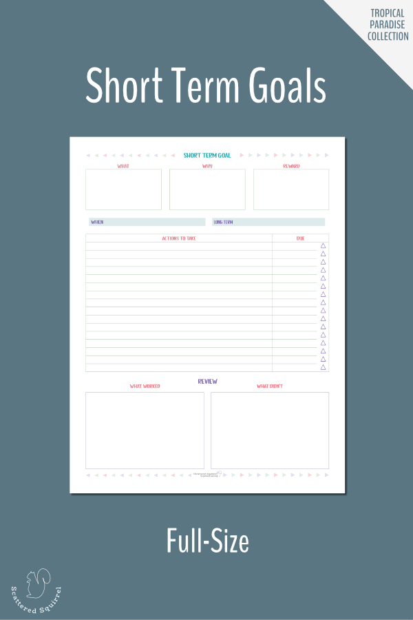 These half-size (half letter) short term goals worksheet, gives you a place to plan your short term goals. Pair these with your long term goals so that you can break those bigger goals down into manageable chunks.