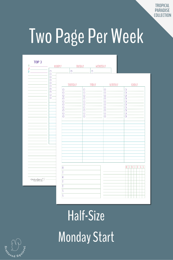 Plan your week in detail with this two page per week planner printable. This one is half-size and features a Monday start.