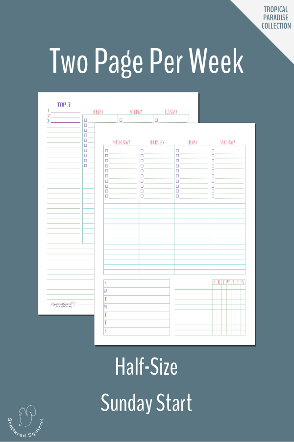 Plan your week in detail with this two page per week planner printable. This one is half-size and features a Sunday start.