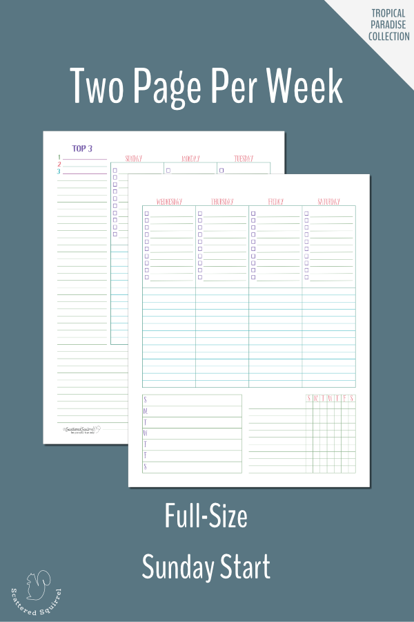 Plan your week in detail with this two page per week planner printable. This one is full-size and features a Sunday start.