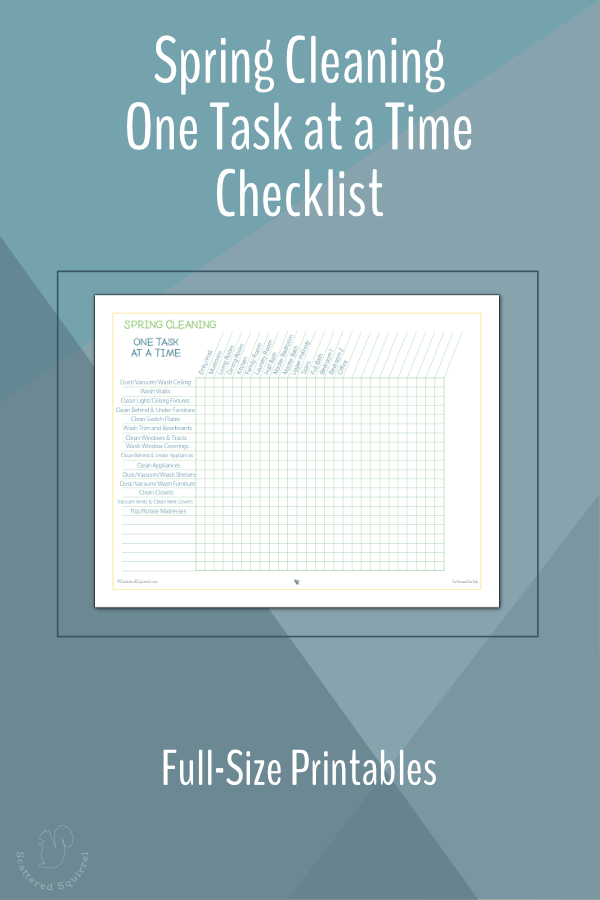 The one task at time checklist organizes spring cleaning by task and then by room, allowing you to track what you've finished and what you have left to tackle.