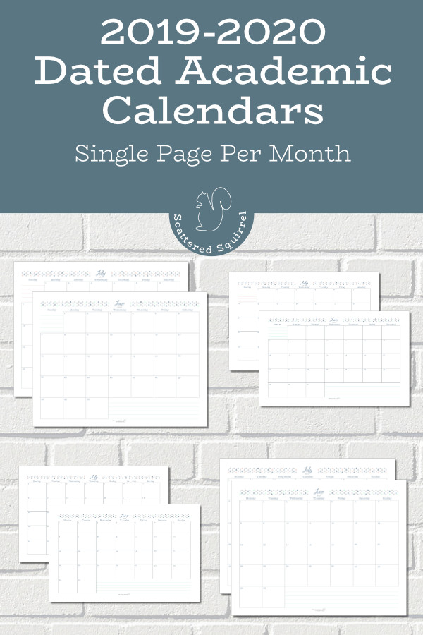2019-2020 Single Page Monthly Academic Calendars