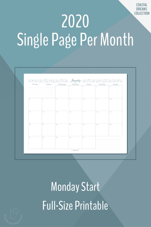 Dated 2020 calendars, single page per month, full size with a Monday start day.