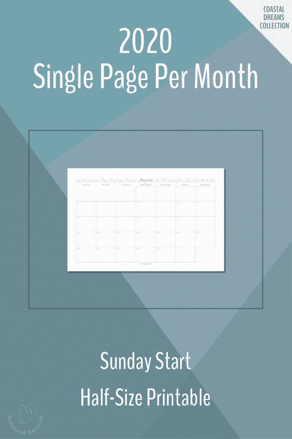 Single page per month dated 2020 calendars in half-size with a Sunday start.