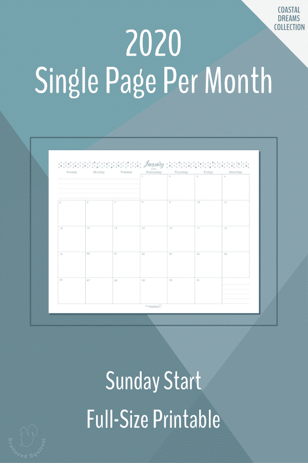 Single page per month dated 2020 calendars in full size with a Sunday start.