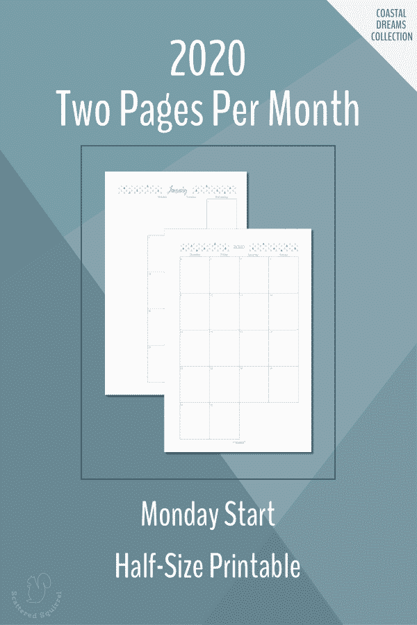 Two Pages per Month, Half-Size, Monday start, dated 2020 calendars.