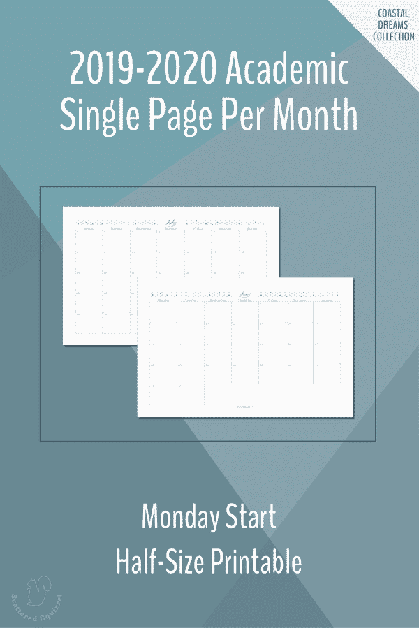 Dated, half-size, single page per month, monthly calendars for the 2019-2020 Academic year featuring a Monday start.