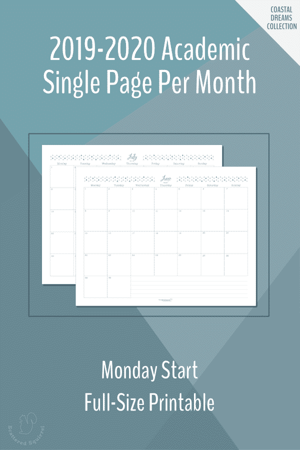 2019-2020 Single Page Monthly Academic Calendars - Scattered Squirrel