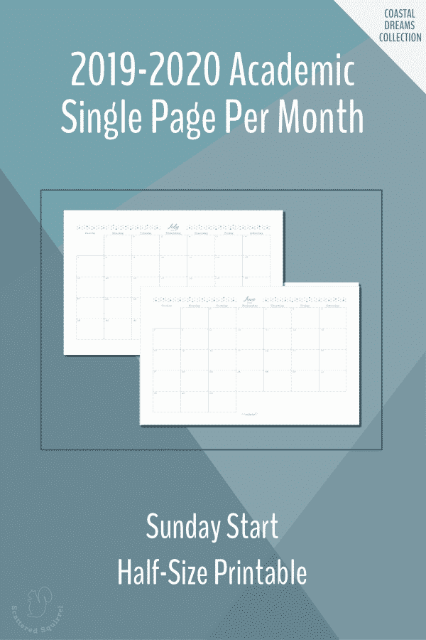 Dated, half-size, single page per month, monthly calendars for the 2019-2020 Academic year featuring a Sunday start.