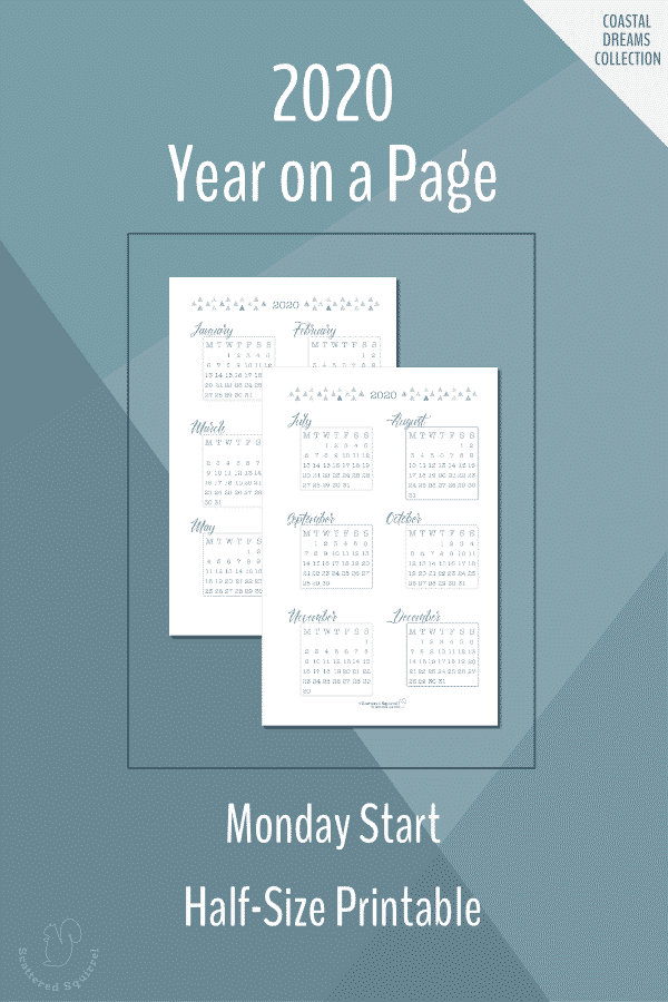 Printable, half-size, Monday start, year on a page, dated 2020 calendars.